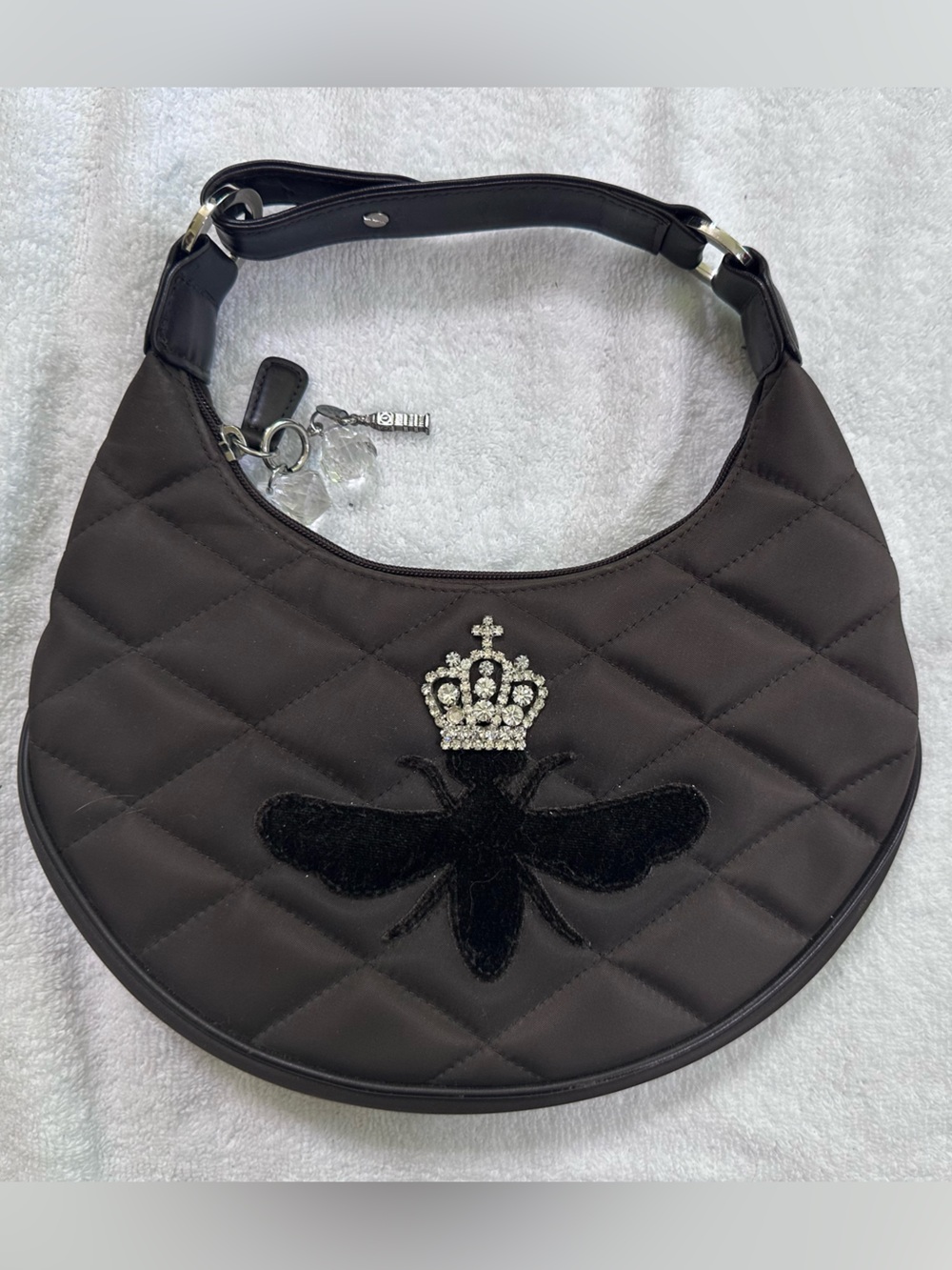 My Flat in London Black Quilted Mini Hobo Bag with Bejeweled Crown